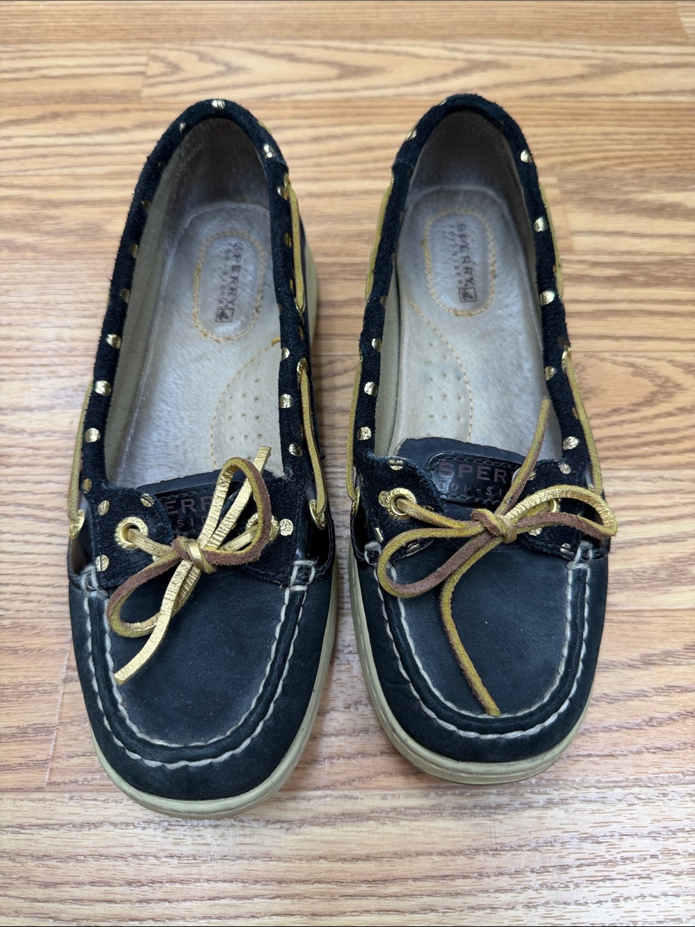 Sperry Black Leather & Gold-Stud Boat Loafers